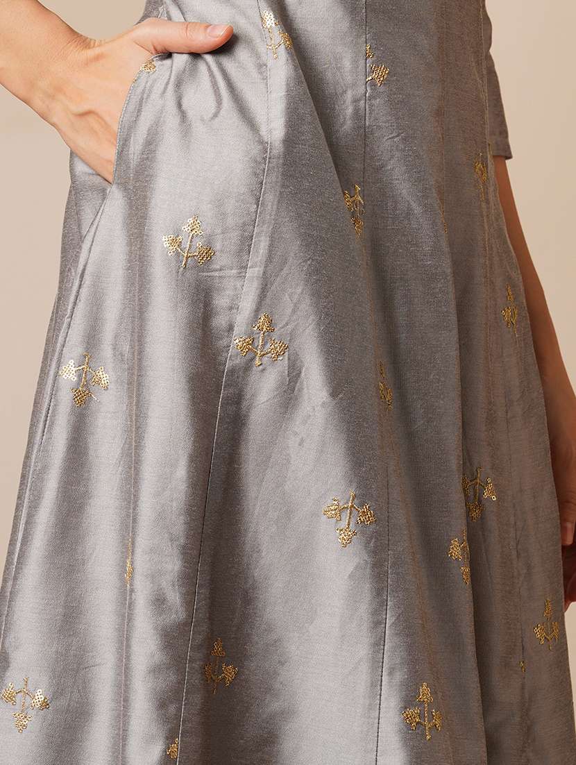 globus women grey v-neck gold zari embroidered panelled anarkali kurta with elasticated wide-leg pants festive set - 21531816 - Standard Image - 5