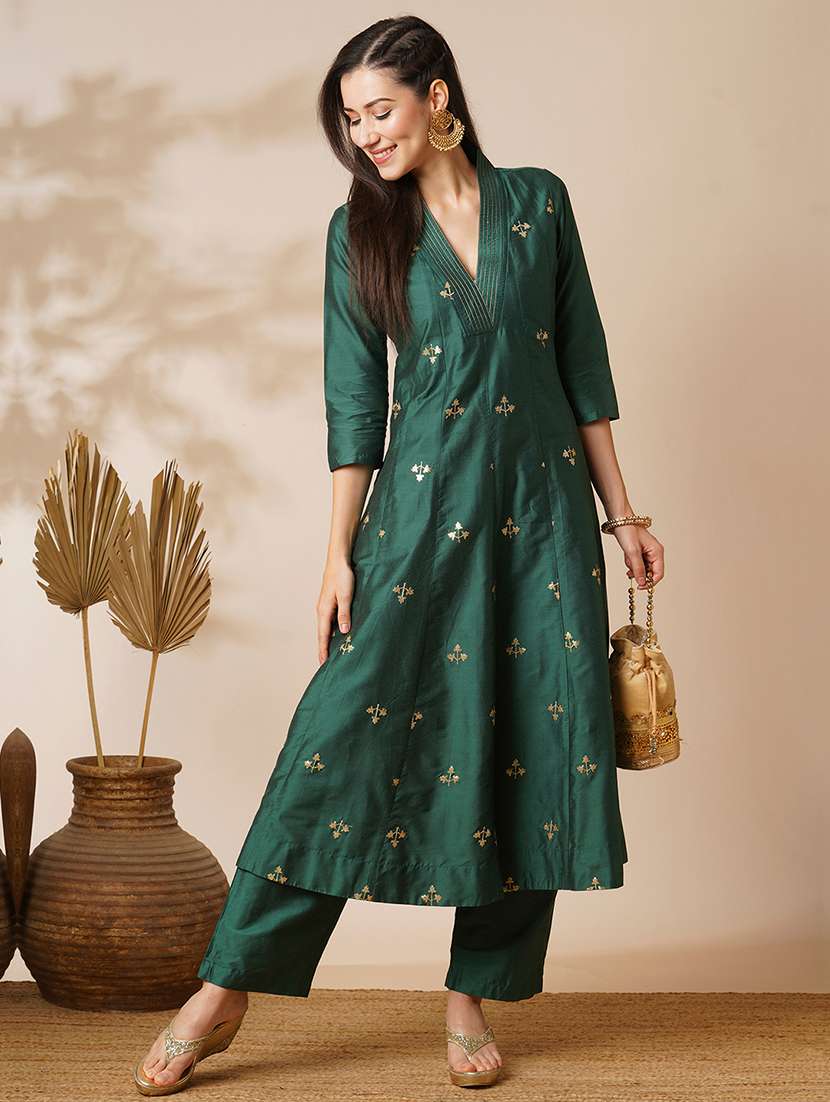 globus women green v-neck gold zari embroidered panelled anarkali kurta with elasticated wide-leg pants festive set - 21531817 -  Zoom Image - 0