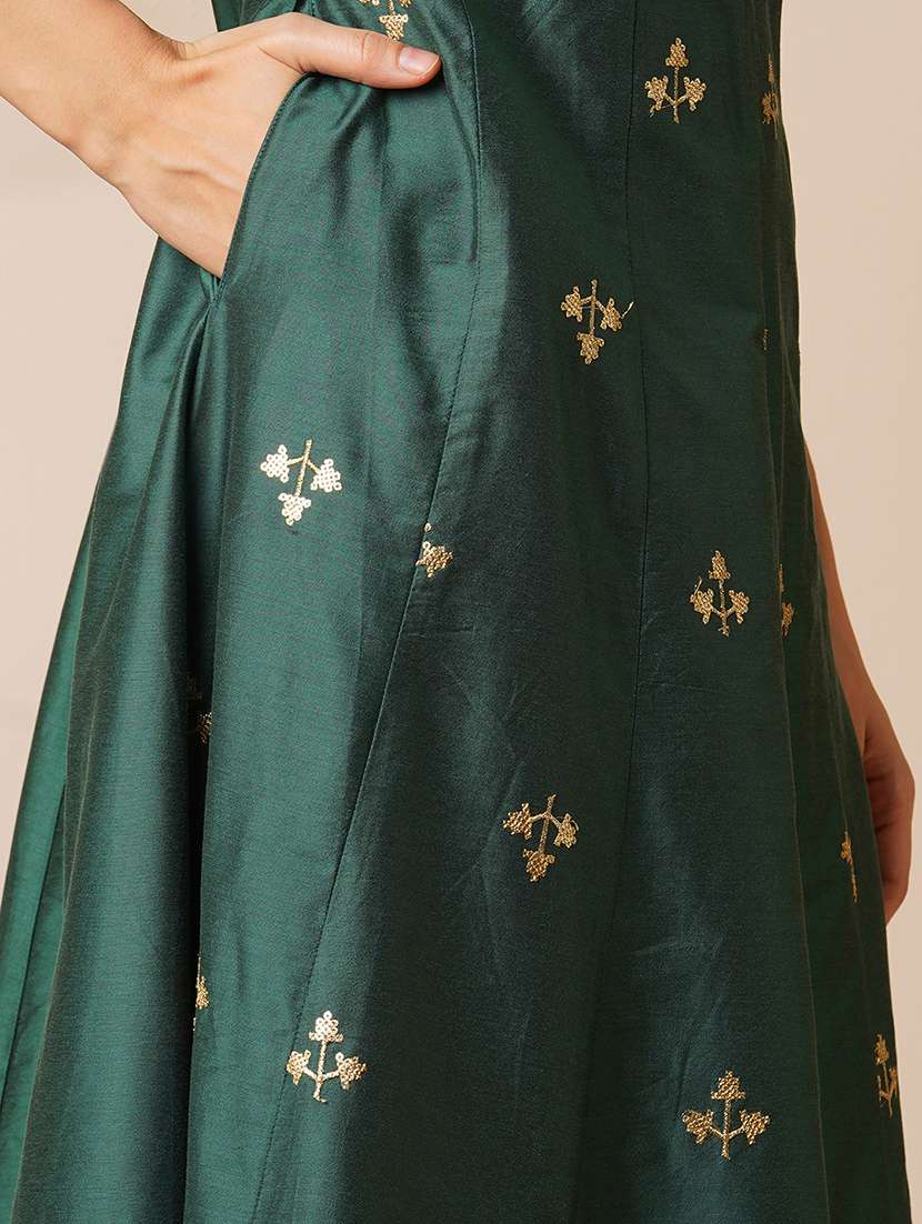 globus women green v-neck gold zari embroidered panelled anarkali kurta with elasticated wide-leg pants festive set - 21531817 - Standard Image - 5