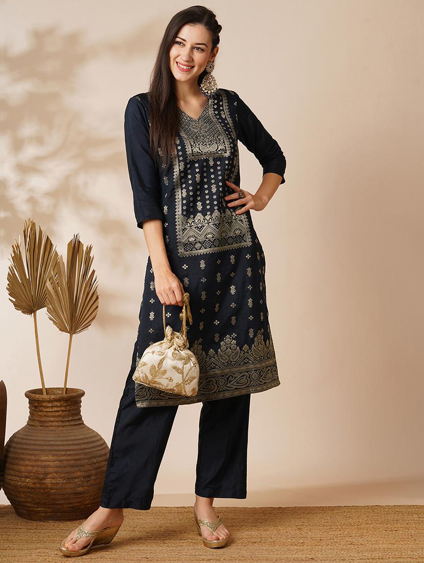 globus women blue v-neck silver brocade ethnic motifs straight knee length kurta with wide-leg pants festive set - 21531818 - Zoom Image - 0