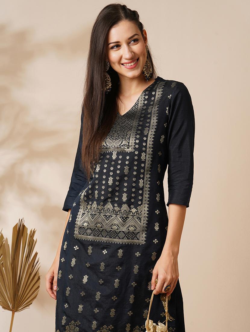 globus women blue v-neck silver brocade ethnic motifs straight knee length kurta with wide-leg pants festive set - 21531818 - Standard Image - 3