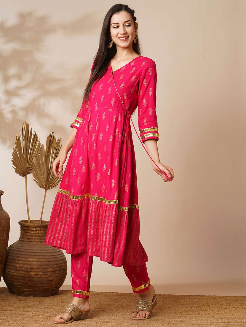 globus women pink v-neck floral printed gotta lace angrakha anarkali kurta with elasticated pants festive set - 21531819 -  Zoom Image - 0