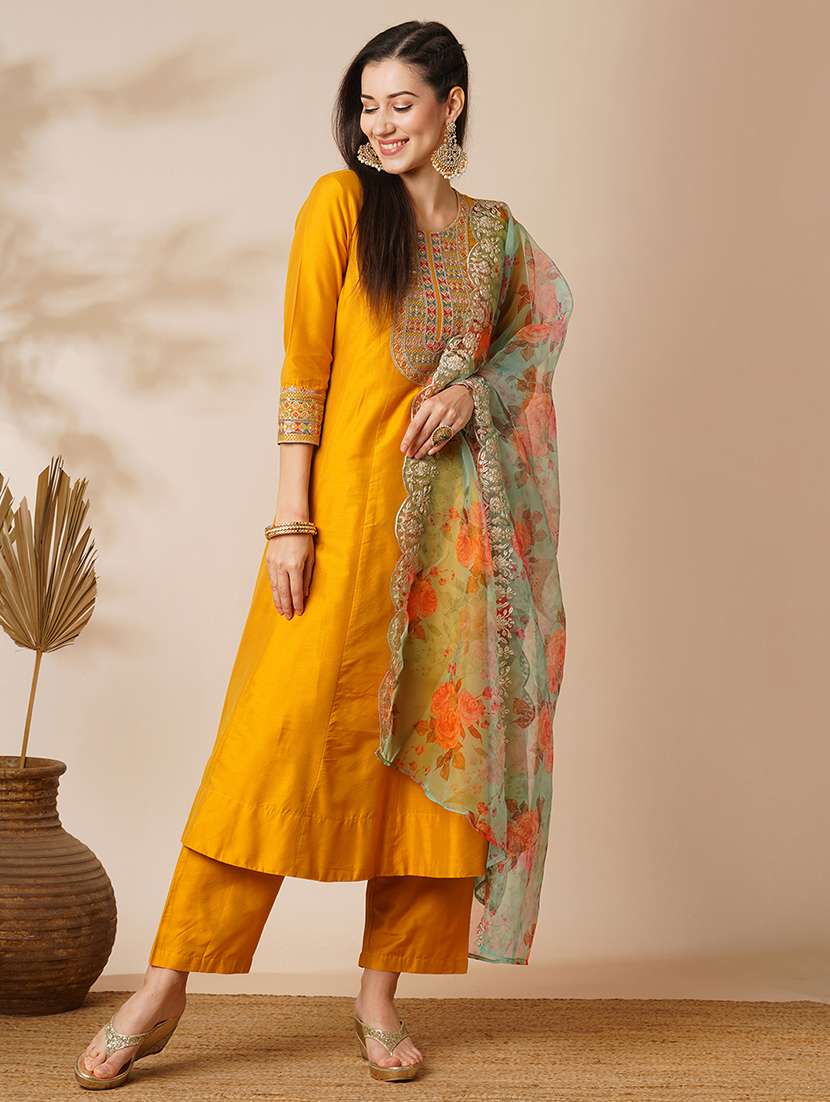 globus women yellow embroidered yoke panelled anarkali kurta with pants & scalloped border organza dupatta festive set - 21531820 -  Zoom Image - 0