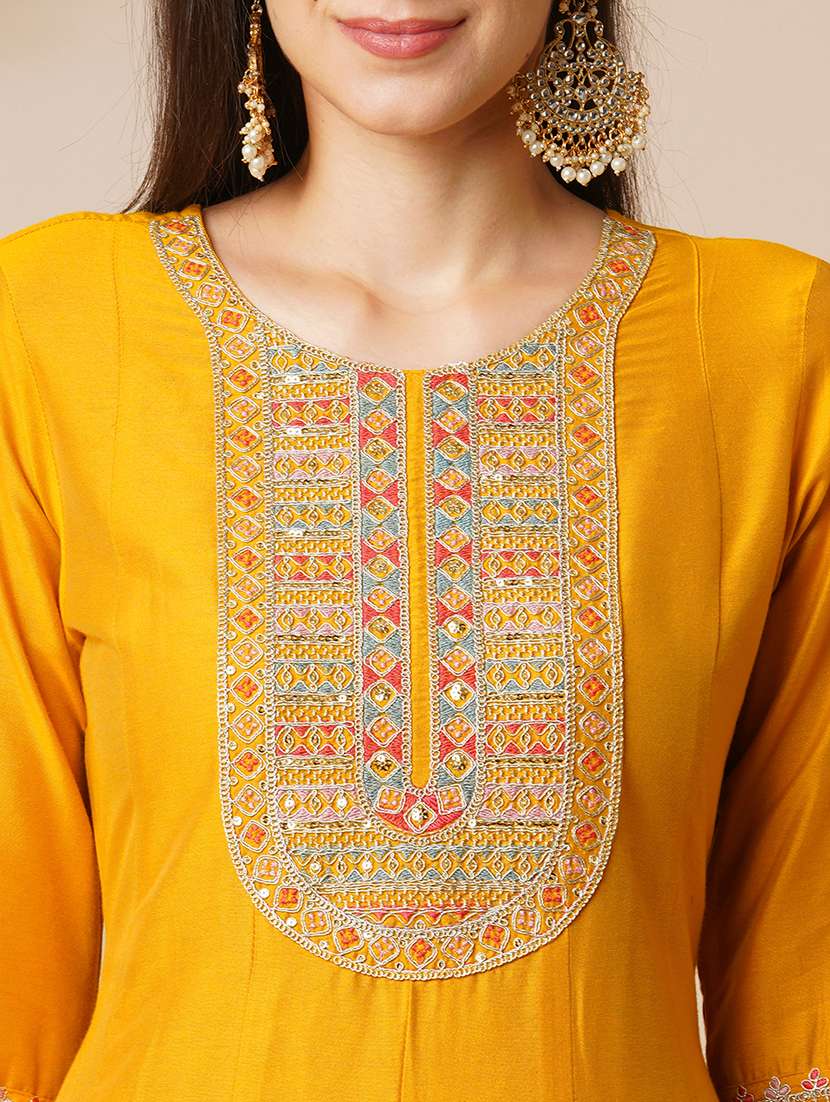 globus women yellow embroidered yoke panelled anarkali kurta with pants & scalloped border organza dupatta festive set - 21531820 - Standard Image - 3