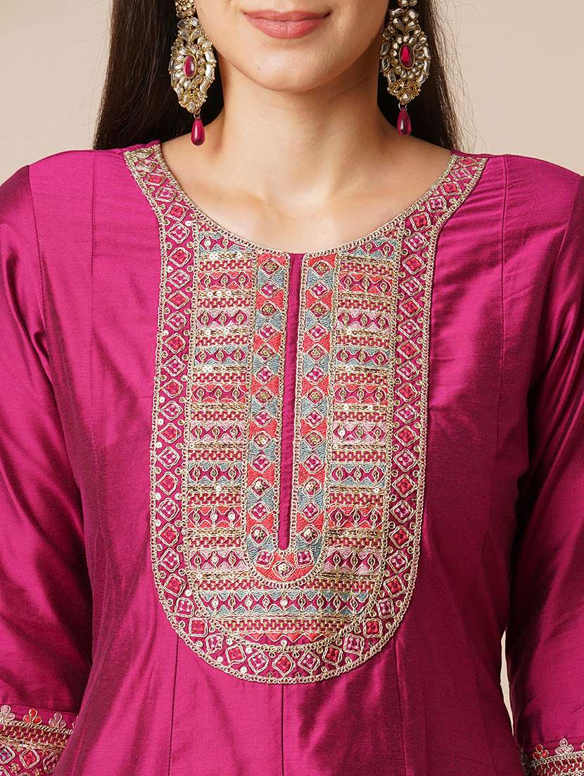 globus women pink embroidered yoke panelled anarkali kurta with pants & scalloped border organza dupatta festive set - 21531821 - Standard Image - 3