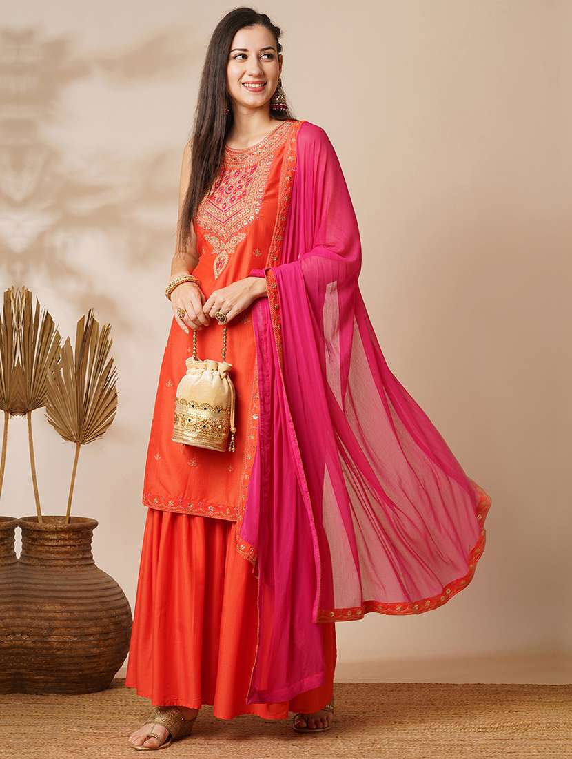 globus women orange sequin embroidered yoke straight kurta with sharara & patched lace contrast dupatta festive set - 21531822 -  Zoom Image - 0
