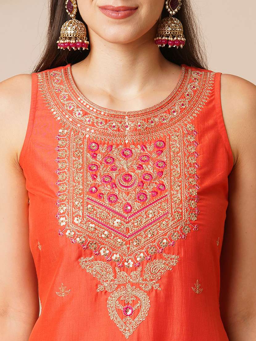 globus women orange sequin embroidered yoke straight kurta with sharara & patched lace contrast dupatta festive set - 21531822 -  Standard Image - 3