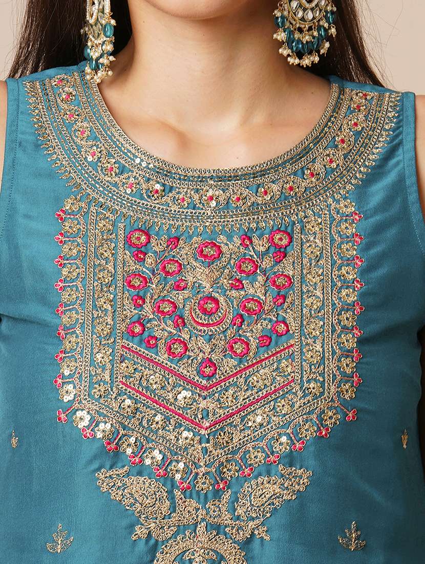 globus women teal sequin embroidered yoke straight kurta with sharara & patched lace contrast dupatta festive set - 21531823 - Standard Image - 5