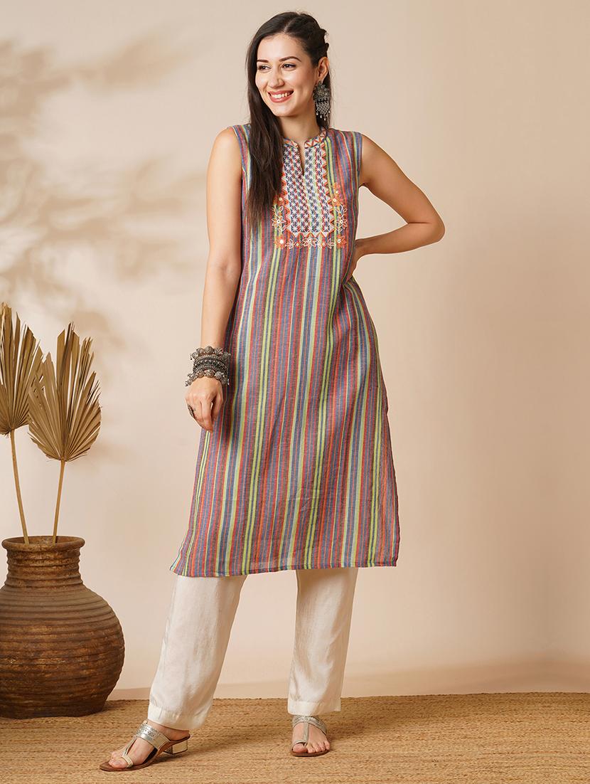globus women multi colour mandarin collar embroidered yoke straight calf length workwear kurta - 21531824 - Zoom Image - 0