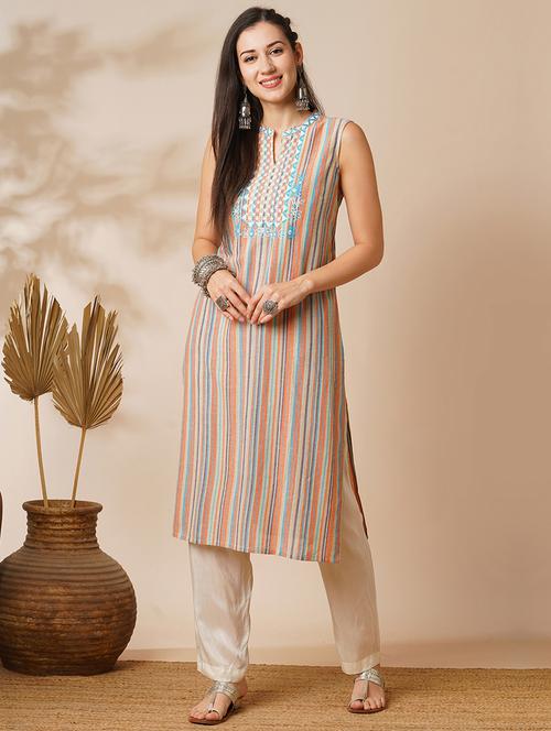 globus women multi colour mandarin collar embroidered yoke straight calf length workwear kurta - 21531825 - Standard Image - 0