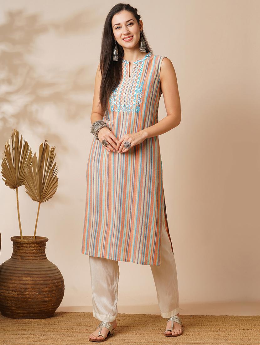 globus women multi colour mandarin collar embroidered yoke straight calf length workwear kurta - 21531825 - Zoom Image - 0