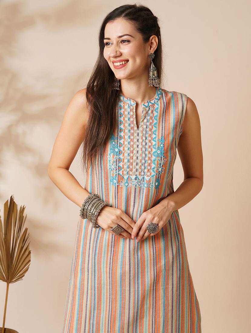 globus women multi colour mandarin collar embroidered yoke straight calf length workwear kurta - 21531825 - Standard Image - 3