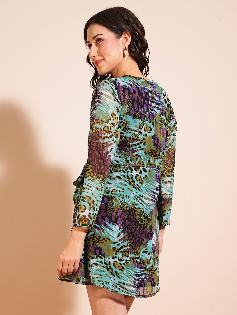 globus women multi colour animal print v-neck fit and flare tie-up styling mini party dress - 21531831 - Standard Image - 3