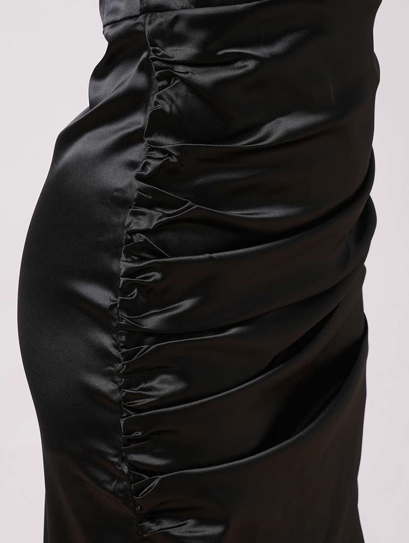 globus women black v-neck flared sleeves shirt style pleated satin mini party dress - 21531838 -  Standard Image - 5