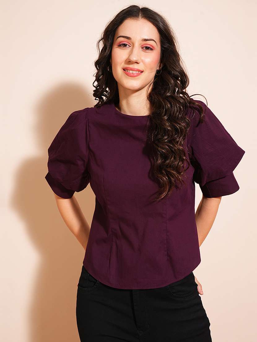 globus women purple puff sleeve round neck shirt style workwear with back button top