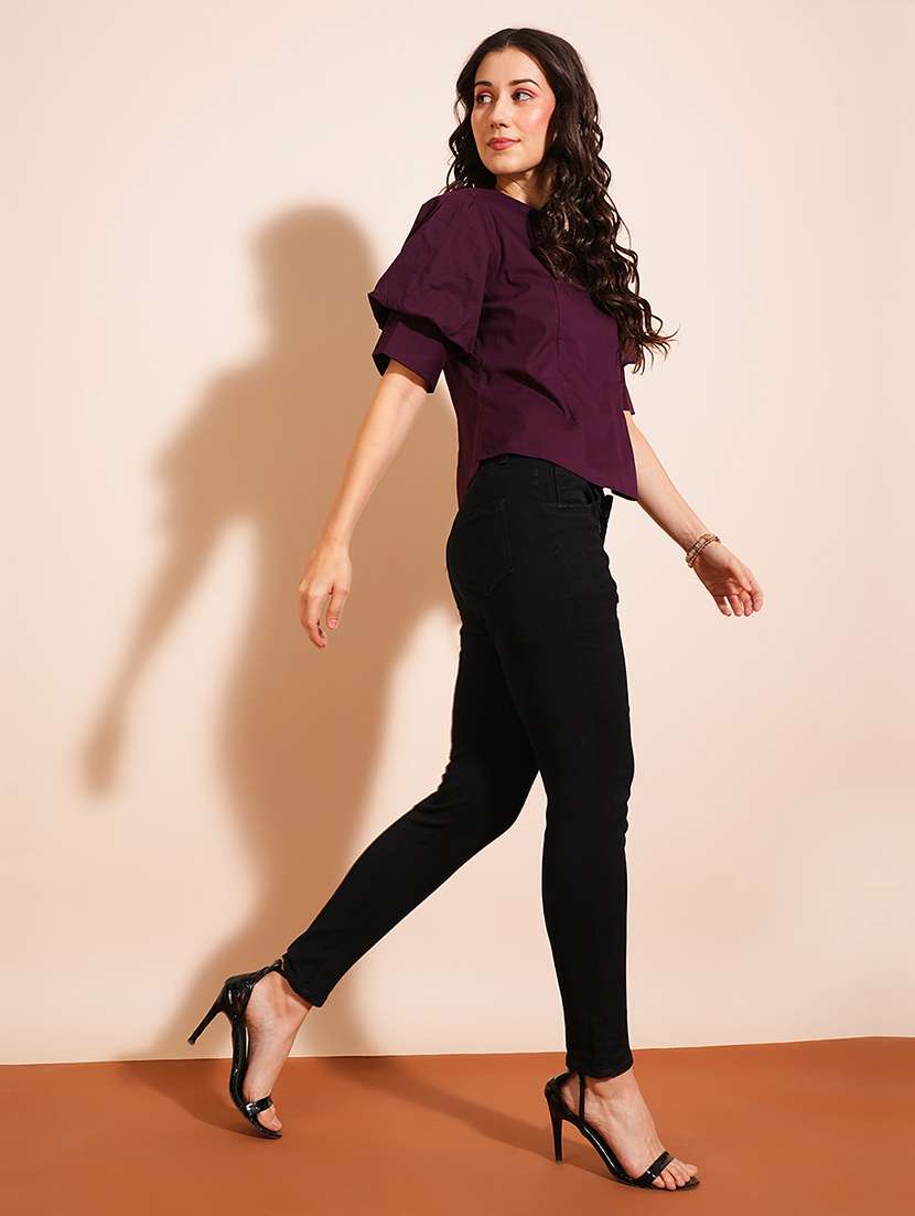 globus women purple puff sleeve round neck shirt style workwear with back button top - 21531839 -  Standard Image - 3