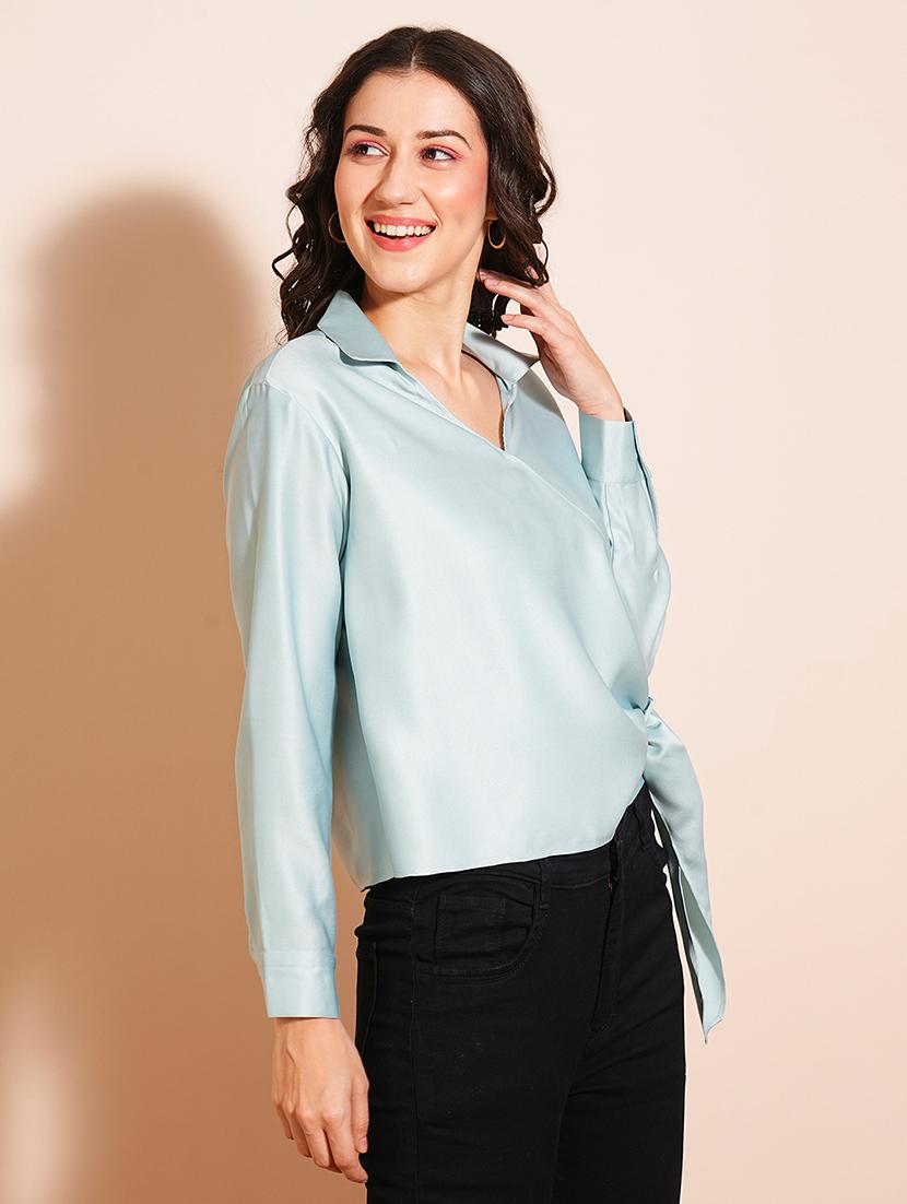globus women blue shirt collar cuffed sleeves satin wrap party top with twisted surface detailing - 21531843 -  Zoom Image - 0