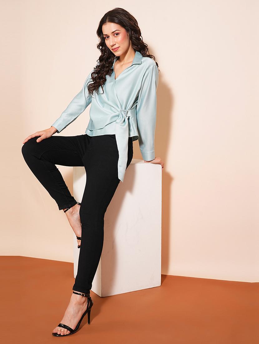 globus women blue shirt collar cuffed sleeves satin wrap party top with twisted surface detailing - 21531843 - Standard Image - 3