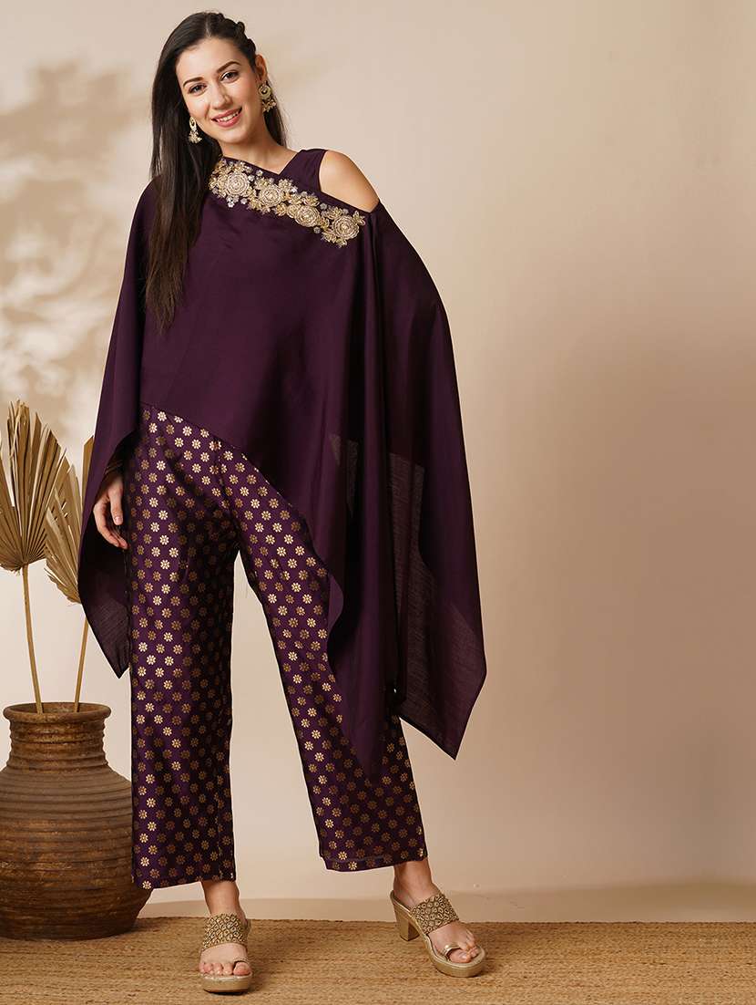 women purple boat neck poncho top & ankle length mid-rise pants fusion co-ord set 