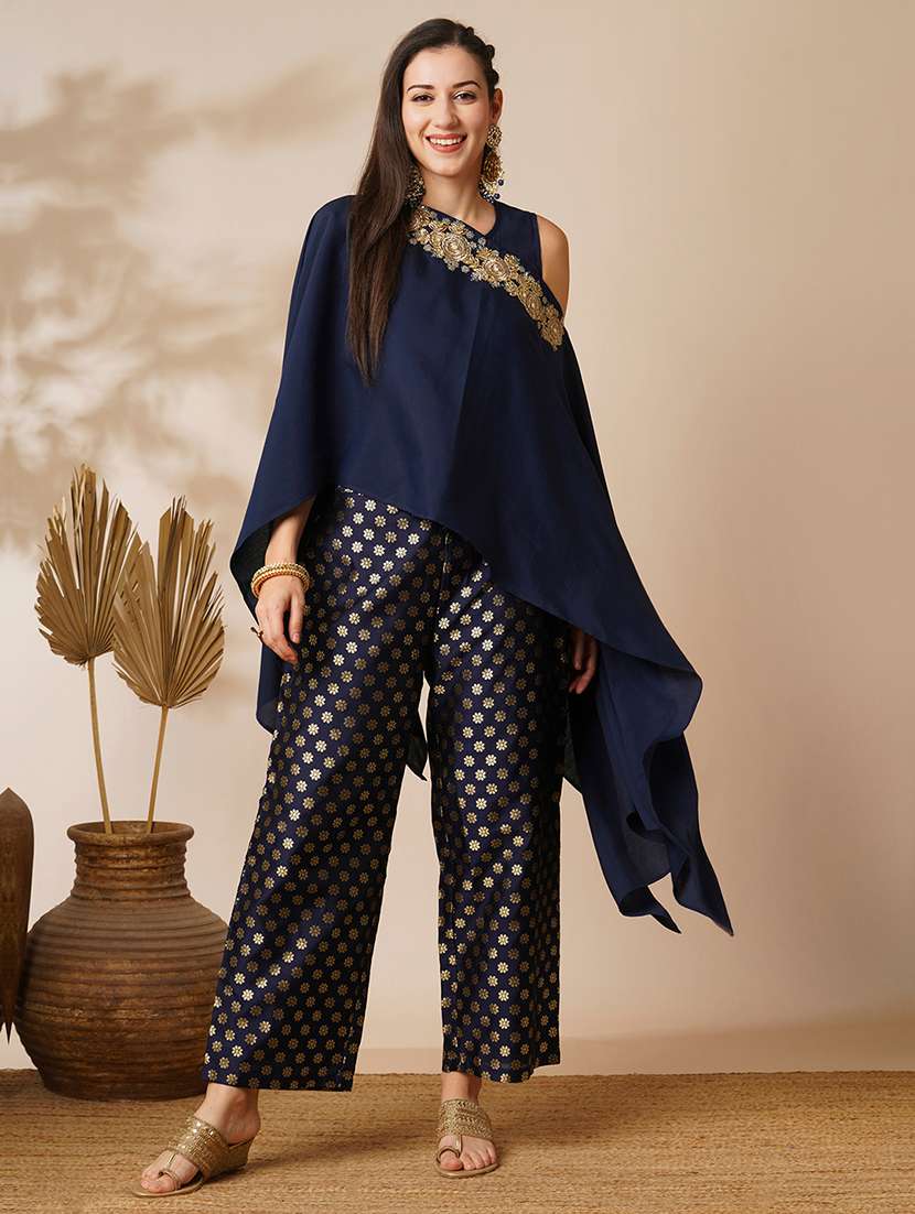globus women blue woven design boat neck flared sleeves poncho top & ankle length mid-rise pants fusion co-ord set - 21531866 -  Zoom Image - 0