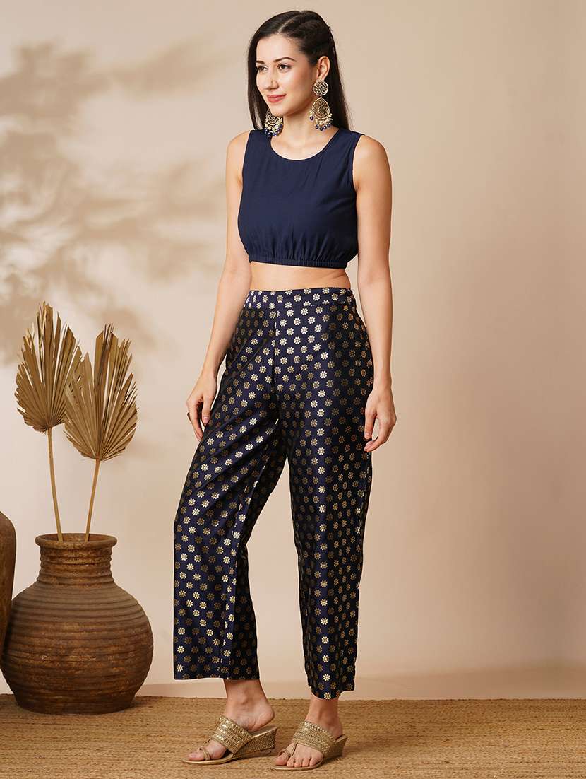 globus women blue woven design boat neck flared sleeves poncho top & ankle length mid-rise pants fusion co-ord set - 21531866 -  Standard Image - 3