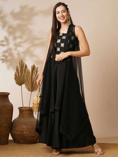 globus women black ethnic motifs strappy sleeves crop top & floor length palazzo with shrug fusion co-ord set - 21531867 -  Standard Image - 0