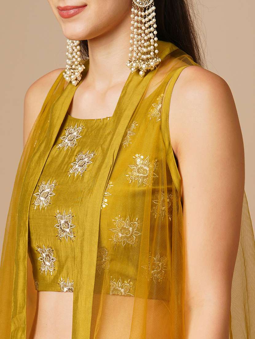 globus women lime green ethnic motifs strappy sleeves crop top & floor length palazzo with shrug fusion co-ord set - 21531868 -  Standard Image - 3