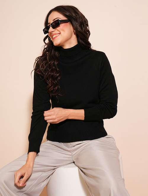 globus women black solid full sleeves turtle neck ribbed hem flat knit sweater 