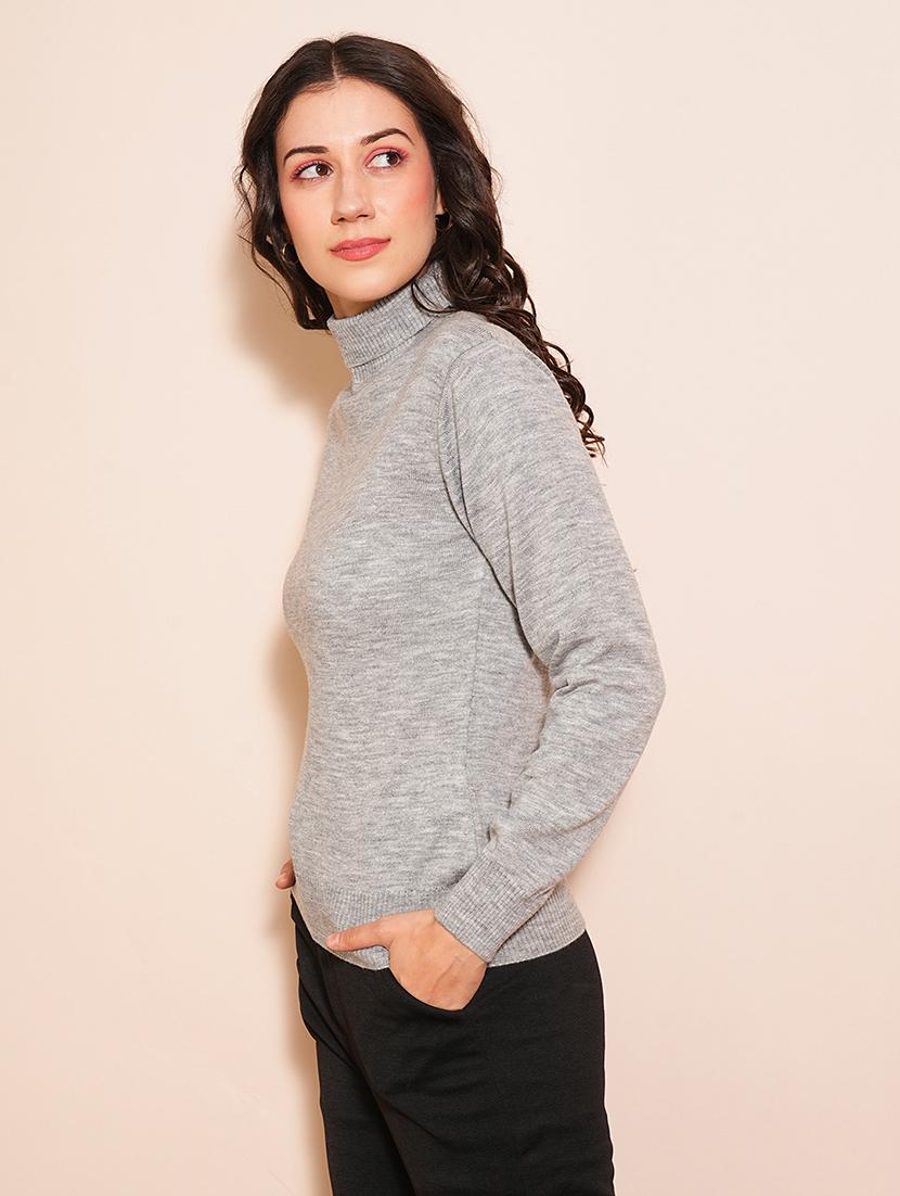 globus women grey melange solid full sleeves turtle neck ribbed hem flat knit sweater  - 21531873 -  Zoom Image - 0