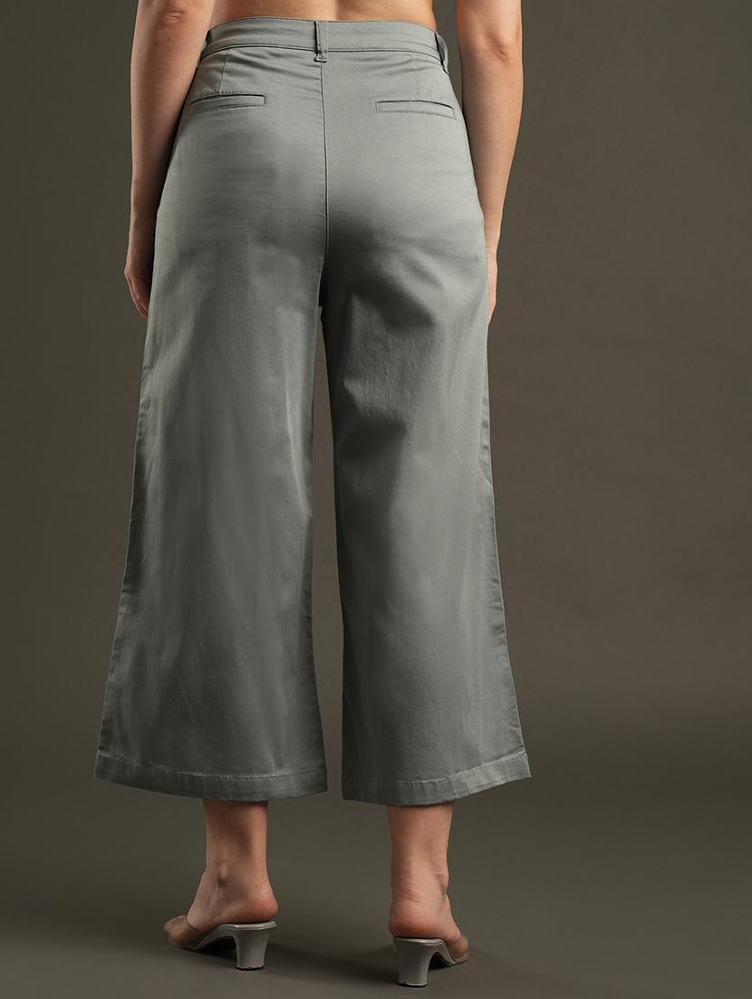 globus women aqua satin stretchable mid-rise relaxed fit flat front cropped wide leg formal trousers - 21531877 - Standard Image - 3