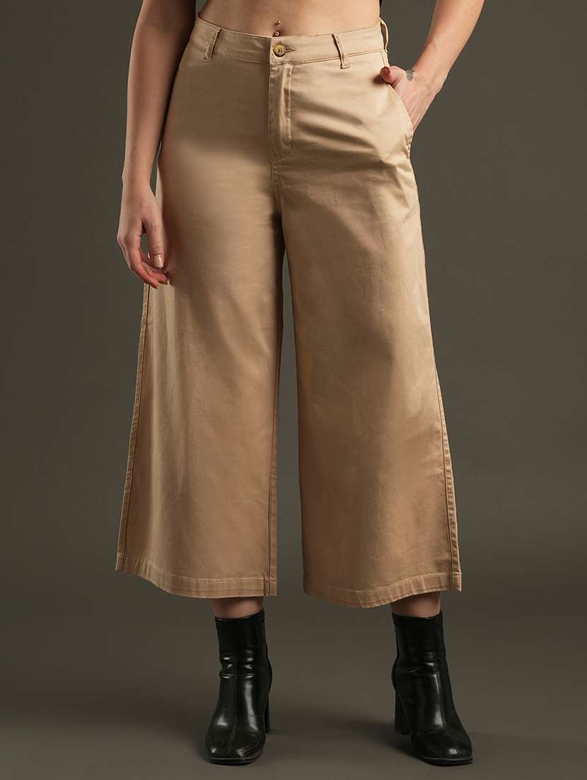 globus women camel brown satin stretchable mid-rise relaxed fit flat front cropped wide leg formal trousers - 21531879 - Zoom Image - 0