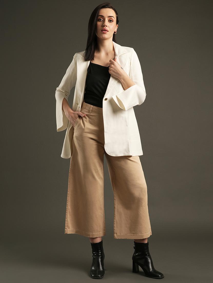 globus women camel brown satin stretchable mid-rise relaxed fit flat front cropped wide leg formal trousers - 21531879 - Standard Image - 3