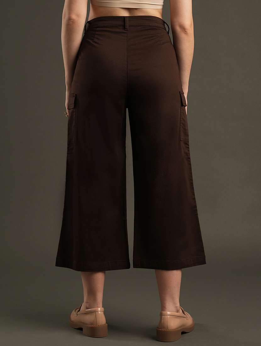 globus women coffee cotton stretchable mid-rise relaxed fit flat front cropped wide leg trousers with cargo pocket - 21531881 -  Standard Image - 3