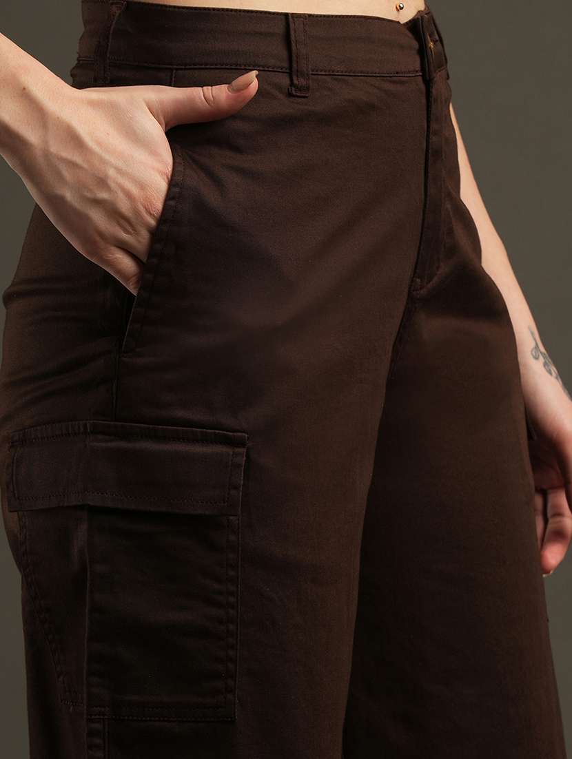 globus women coffee cotton stretchable mid-rise relaxed fit flat front cropped wide leg trousers with cargo pocket - 21531881 -  Standard Image - 5