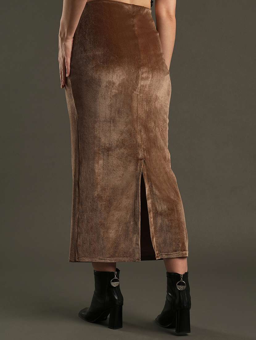 globus women dark olive velvet high-rise stretchable midi pencil skirt - 21531882 -  Standard Image - 3