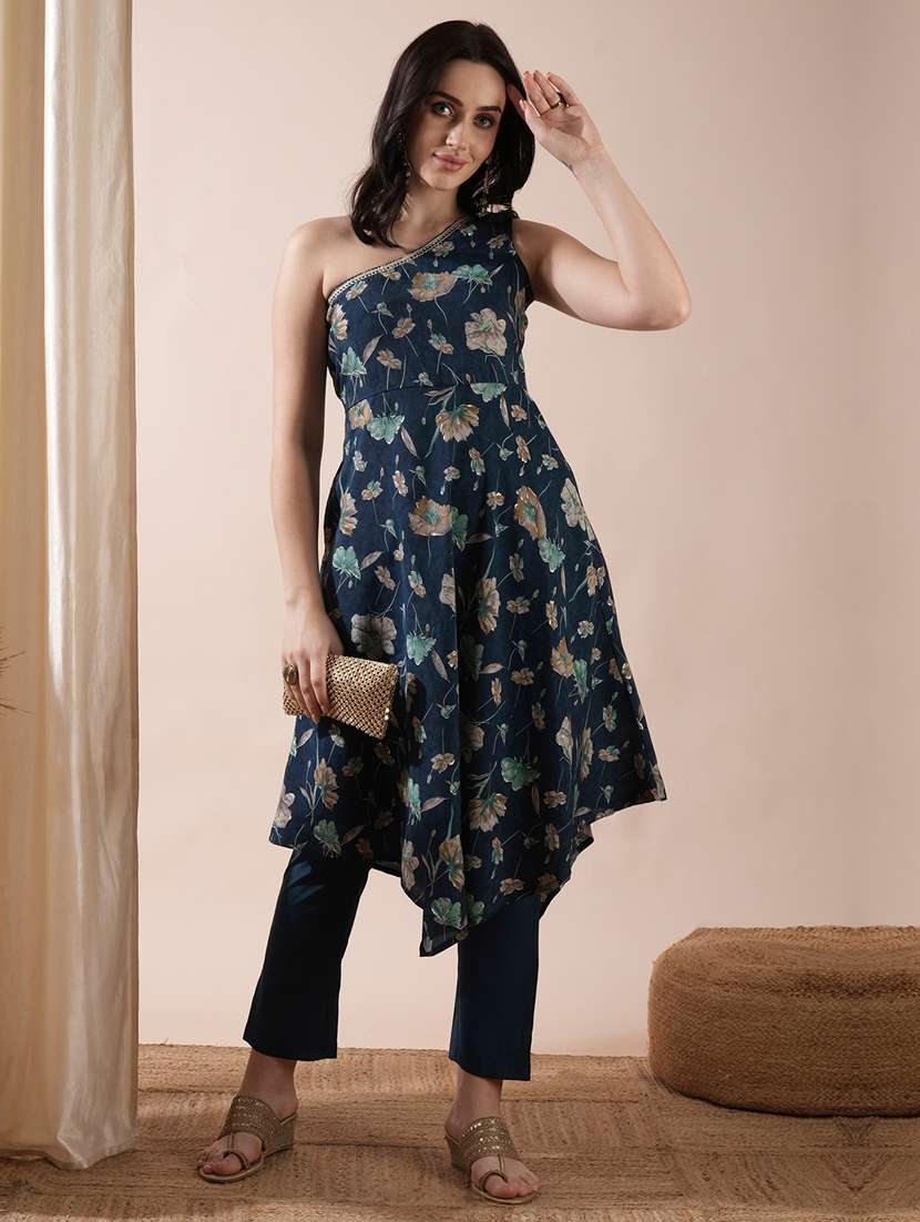 globus women blue one shoulder gotta lace detail silver highlight floral print asymmetric hem a-line kurta & pants fusion set