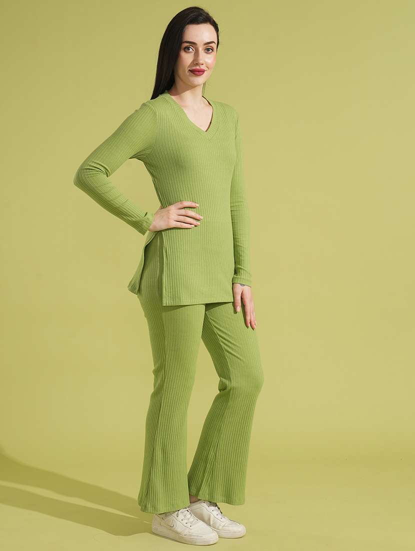 globus women green v-neck ribbed long sleeves side slit top & fully elasticated ankle length trouser co-ord set - 21531890 - Zoom Image - 0