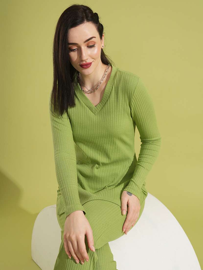 globus women green v-neck ribbed long sleeves side slit top & fully elasticated ankle length trouser co-ord set - 21531890 - Standard Image - 3