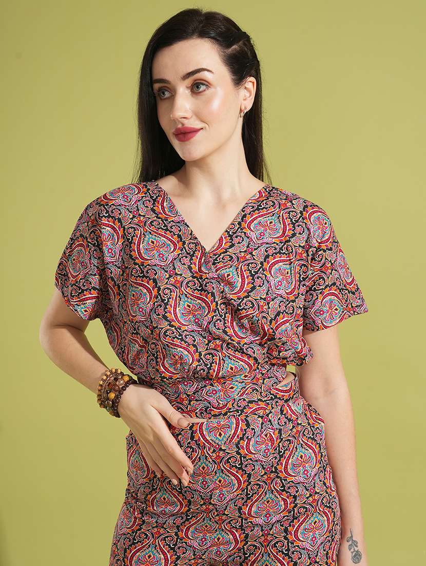 globus women multi-colour ethnic print wrap v-neck batwing sleeves back tie-up crop top & trouser co-ord set - 21531893 -  Standard Image - 3