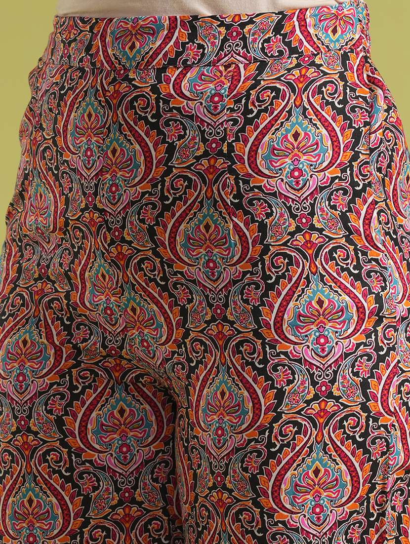 globus women multi-colour ethnic print wrap v-neck batwing sleeves back tie-up crop top & trouser co-ord set - 21531893 -  Standard Image - 5