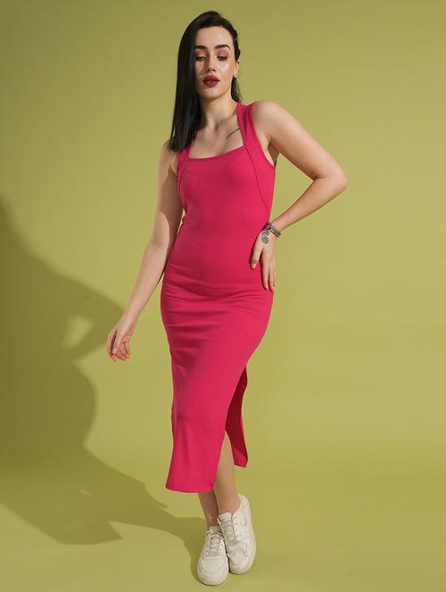 globus women pink square neck ribbed bodycon side slit midi party dress - 21531900 - Standard Image - 0