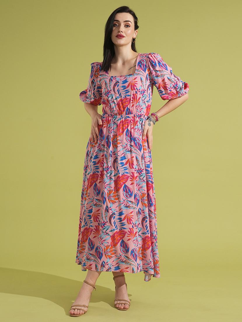 globus women pink tropical print square neck puff sleeves fit & flare maxi dress - 21531903 -  Zoom Image - 0
