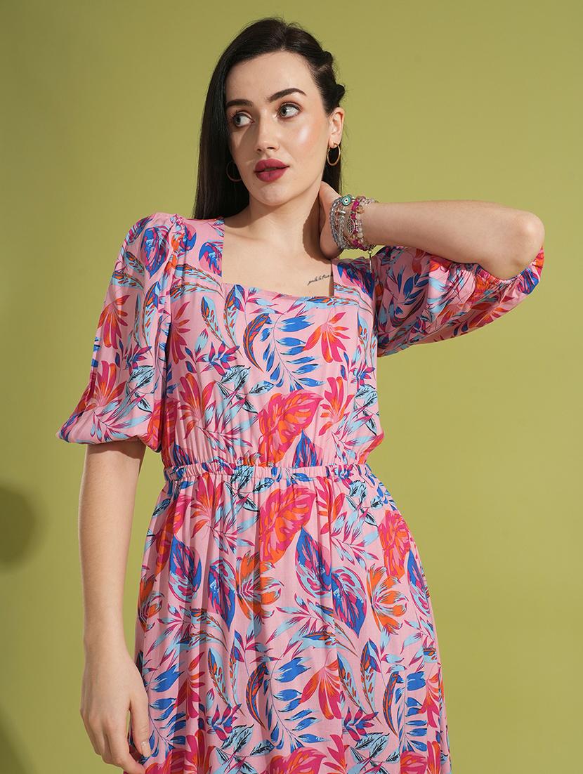 globus women pink tropical print square neck puff sleeves fit & flare maxi dress - 21531903 - Standard Image - 3