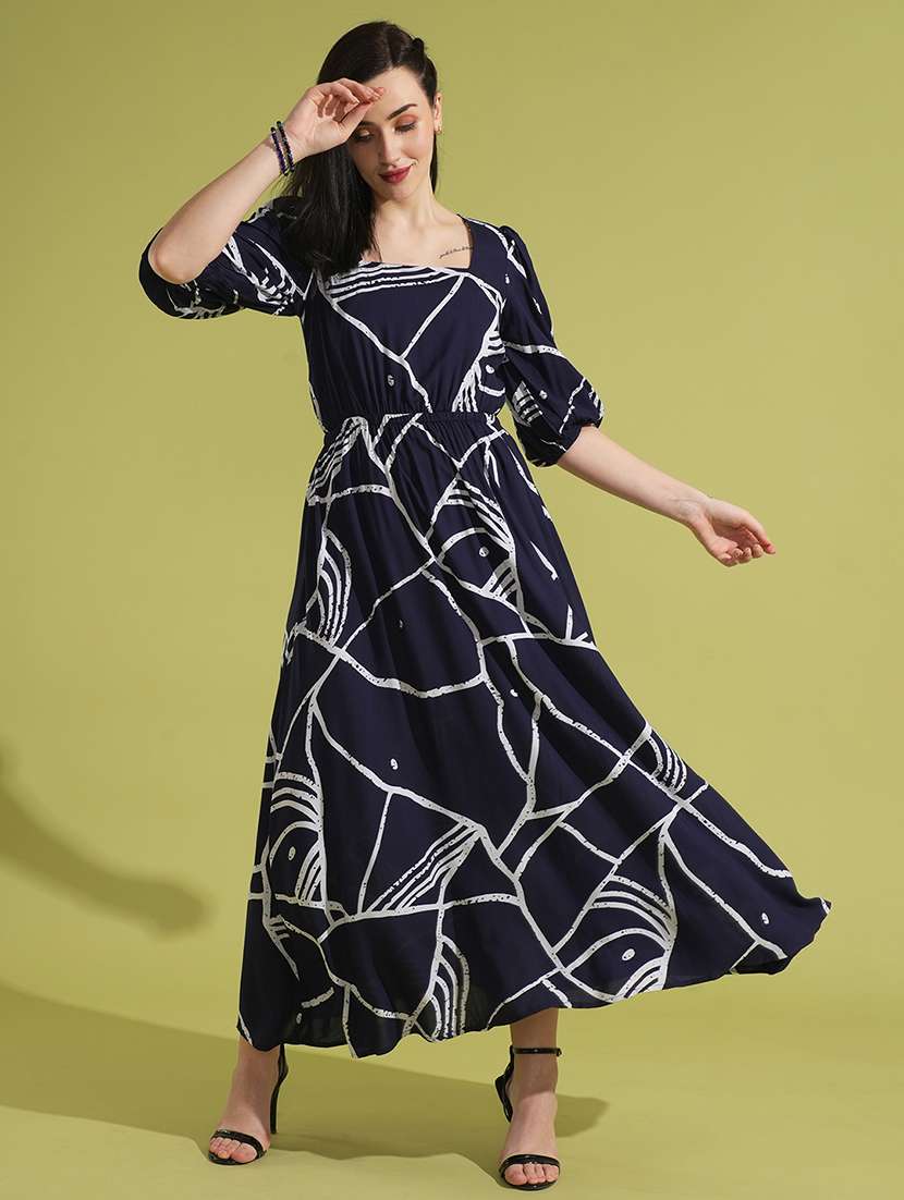 globus women blue abstract print square neck puff sleeves fit & flare maxi dress - 21531904 -  Zoom Image - 0