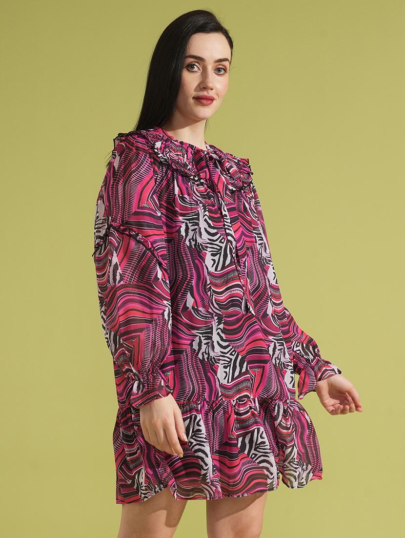 globus women multi colour abstract print tie-up neck bishop sleeves tiered a-line mini party dress - 21531906 -  Zoom Image - 0