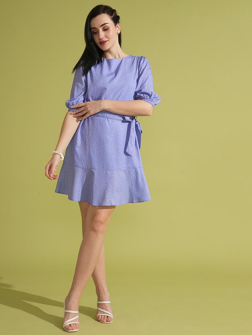 globus women lavender allover polka dot puff sleeves waist tie-up a-line mini dress - 21531907 - Zoom Image - 0