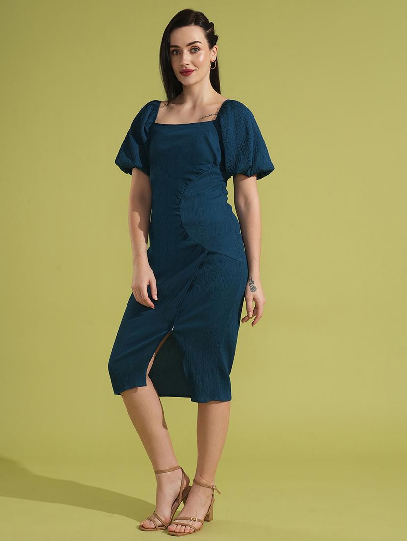 globus women teal square neck puff sleeves ruched & smocked midi bodycon party dress - 21531908 - Zoom Image - 0