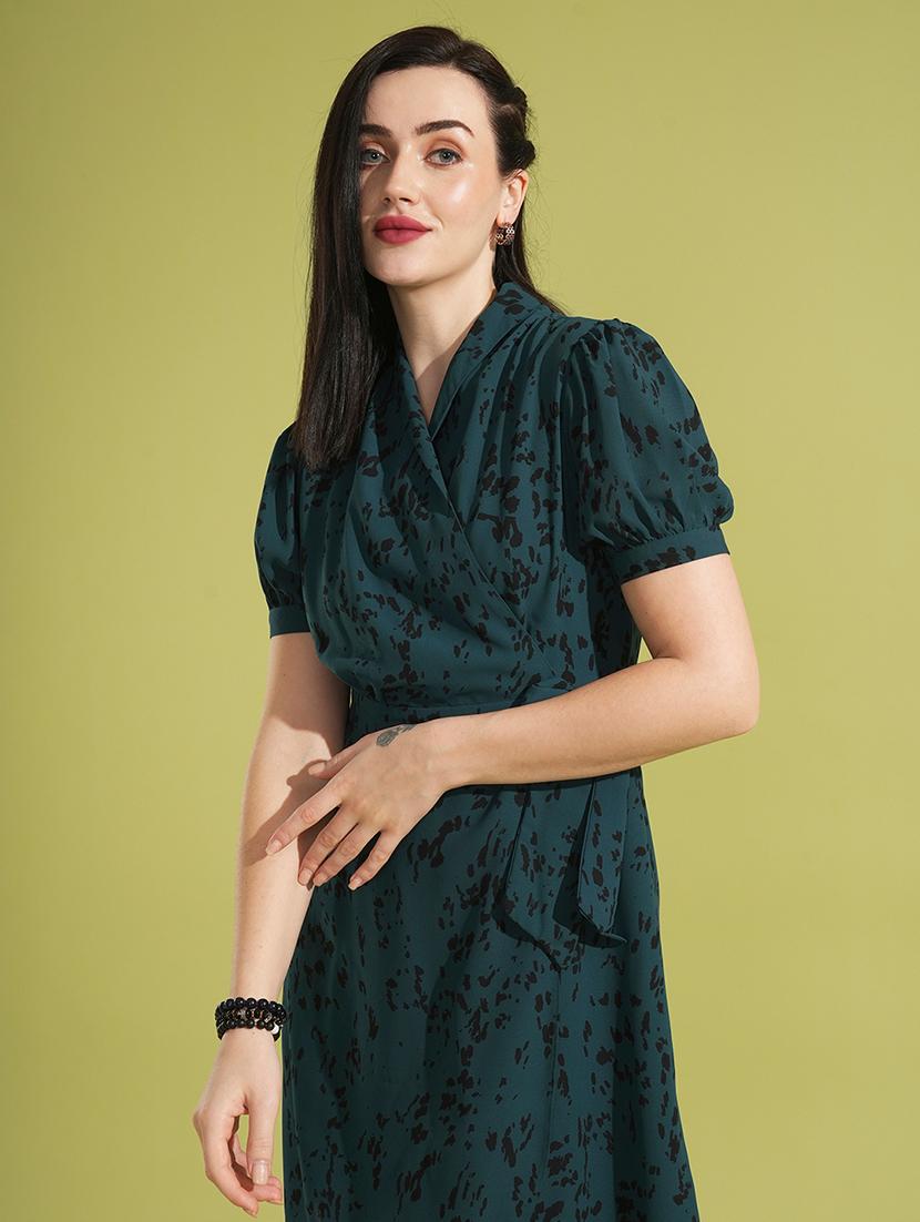 globus women green animal printed puff sleeves collared wrap waist tie-up workwear dress - 21531910 - Standard Image - 3