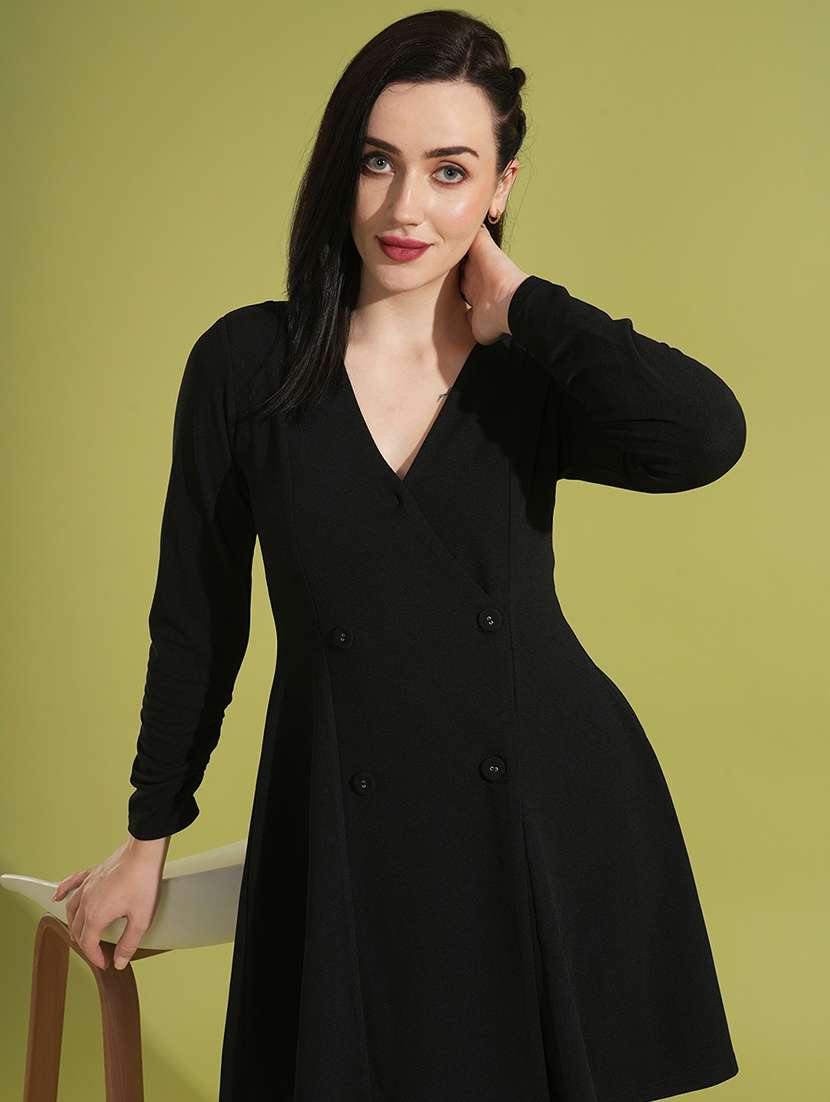 globus women black ruched sleeves v-neck hong button flared  mini wrap party dress - 21531916 -  Standard Image - 3