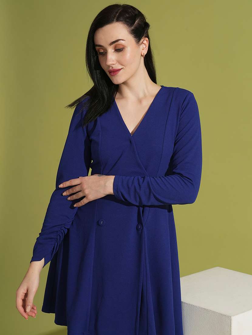 globus women blue ruched sleeves v-neck hong button flared  mini wrap party dress - 21531917 -  Standard Image - 3